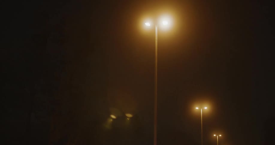 Streetlights glow through the fog at night creating lens flares on the vehicles window as it moves along the road