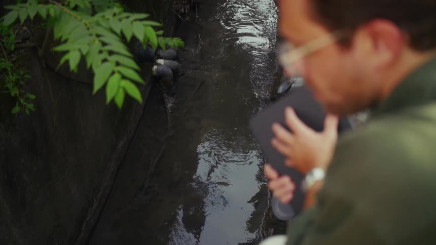 Man looking toward a small river