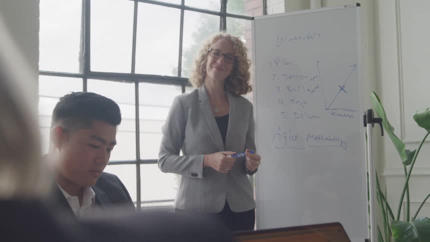 A woman answers questions by the whiteboard in the office