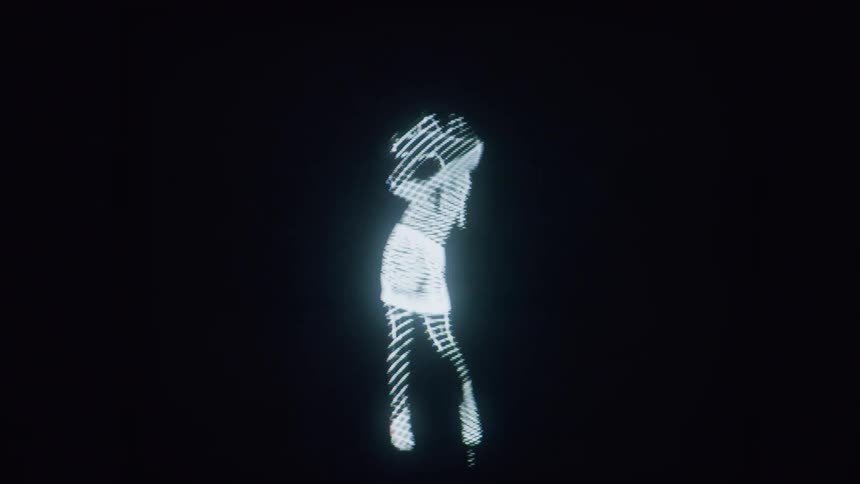 A glowing digital avatar made of animated light beams moves in a slow expressive dance against a dark empty digital space