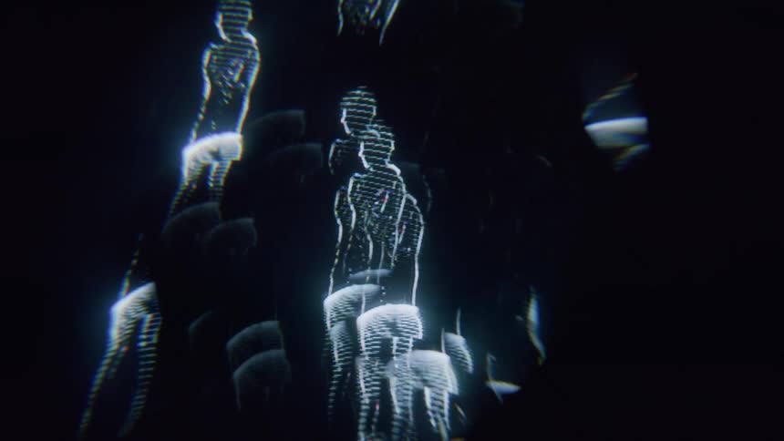 Multiple glowing dancing humanlike forms depicted in vibrant abstract shapes stand out against a dark backdrop evoking a futuristic and surreal atmosphere
