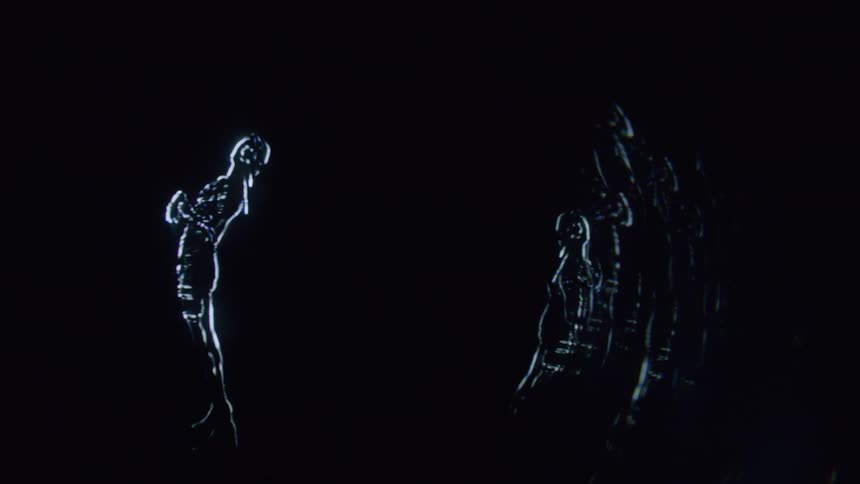 A glowing futuristic figure outlined in white light against a dark background resembling a holographic or digital representation of a person