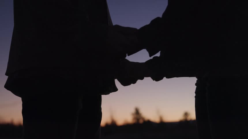 A couple hold hands at sunset