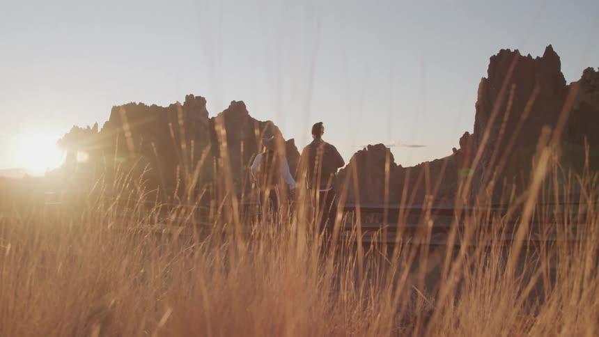 Man looking at the mountains in front of him is barely visible through tall yellow grass