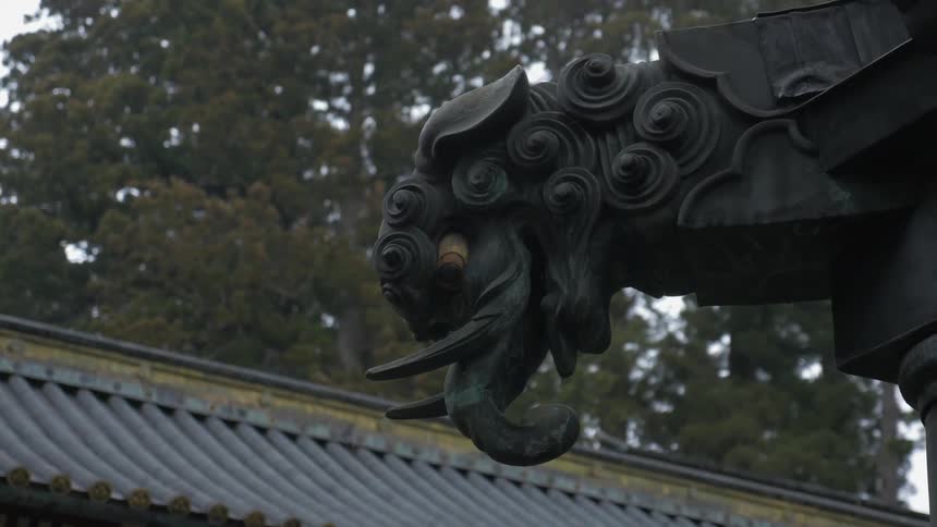 A close up view of a statue and a roof of a house