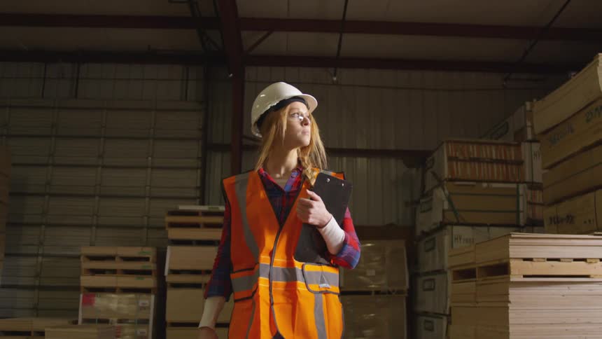 Girl dressed for work walks in the middle of a warehouse full of wood