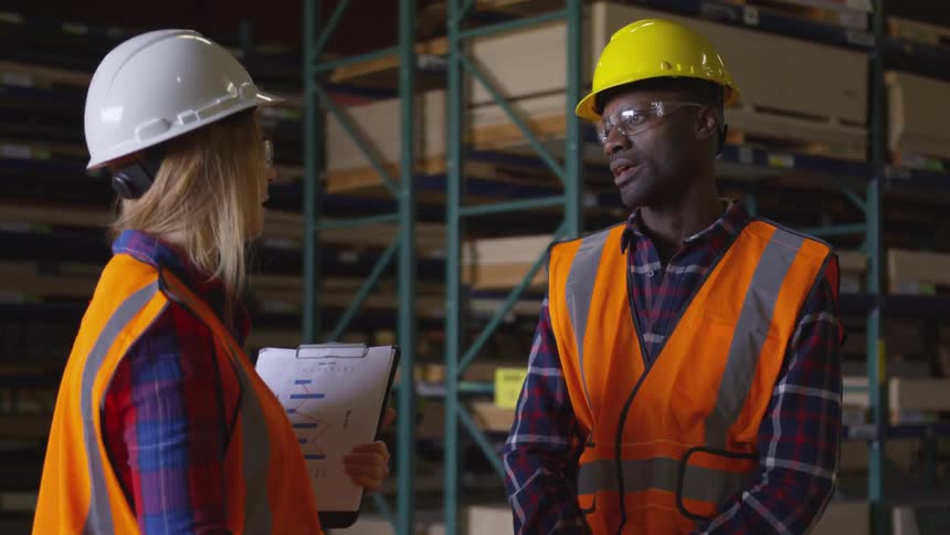 Two construction coworkers are talking together