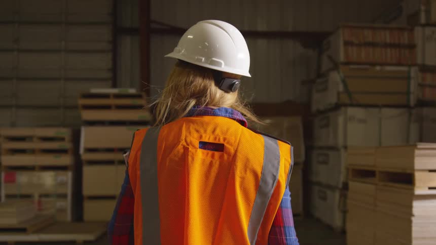 Female worker wears a hard hat while walking through a lumber warehouse