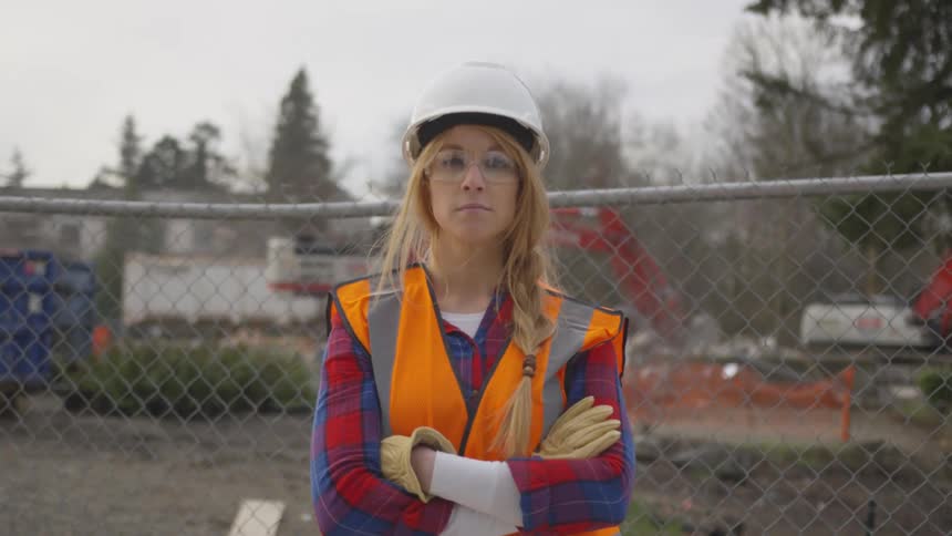 A construction worker stands with her arms folded on site