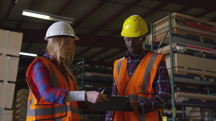 Two workers in a lumberyard are talking while they look at a clipboard