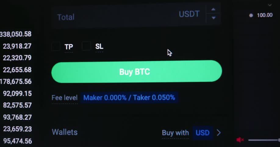 A cryptocurrency trading interface scrolls down to reveal a green buy btc button as a mouse cursor hovers over it