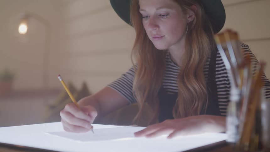 Girl drawing on sheets of paper