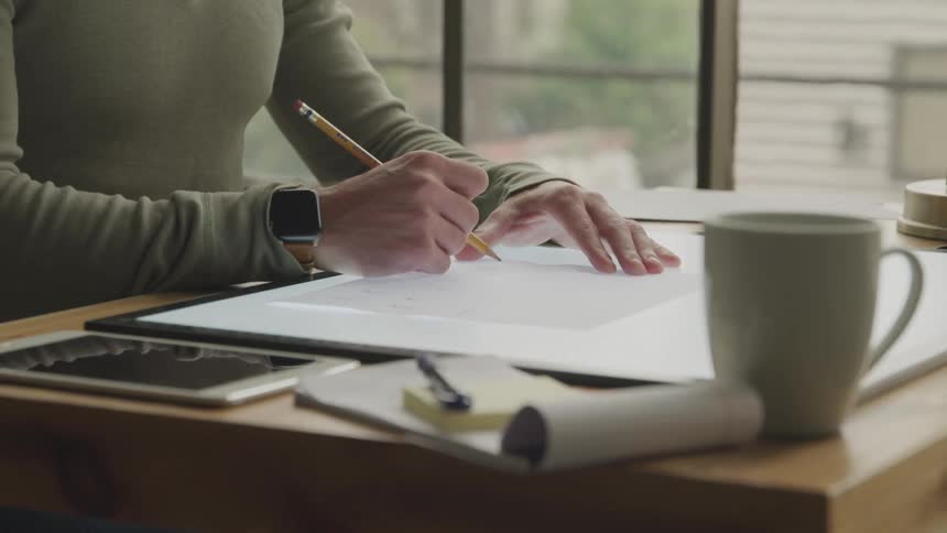 A woman is writing notes with a pencil at her desk