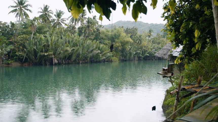 A hut peeks out in front of trees lining the lake