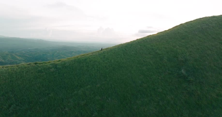 Person climbing a very tall grassy mountain