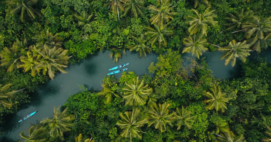 Three kayaks travel towards each other in the stream