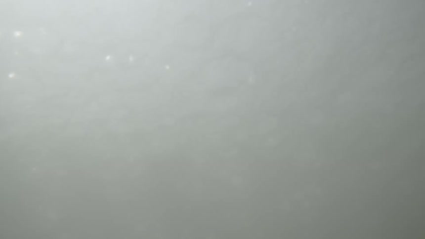 An ocean wave of greengray water reflecting the sunlight under a blue sky crashes into the camera completely covering the view with ocean water filled with bubbles