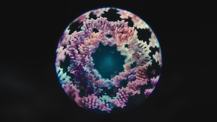 A spiraling colorful DNA molecular structure Microscope POV