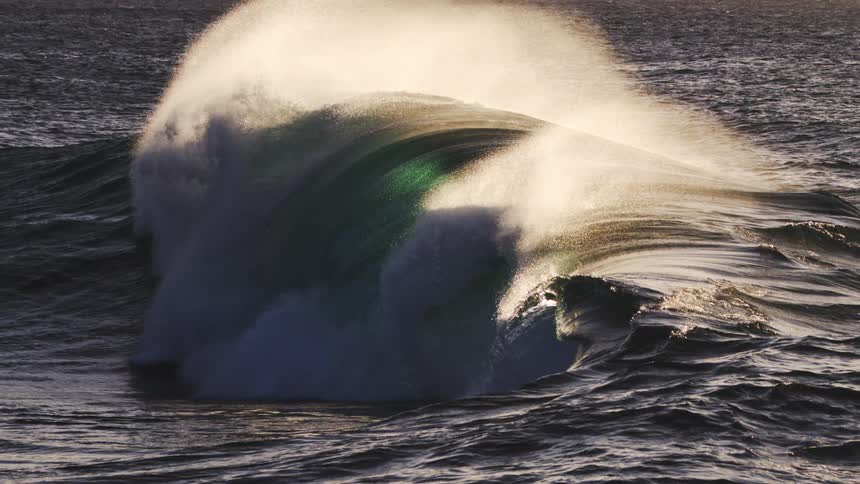 A large dark ocean wave crests powerfully in slow motion its peak illuminated by sunlight which catches the exploding spray