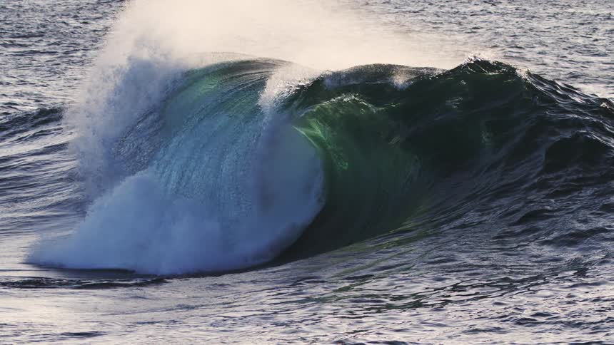A large dark wave rises and crashes its white foam contrasting against the deep blue textured surface of the ocean