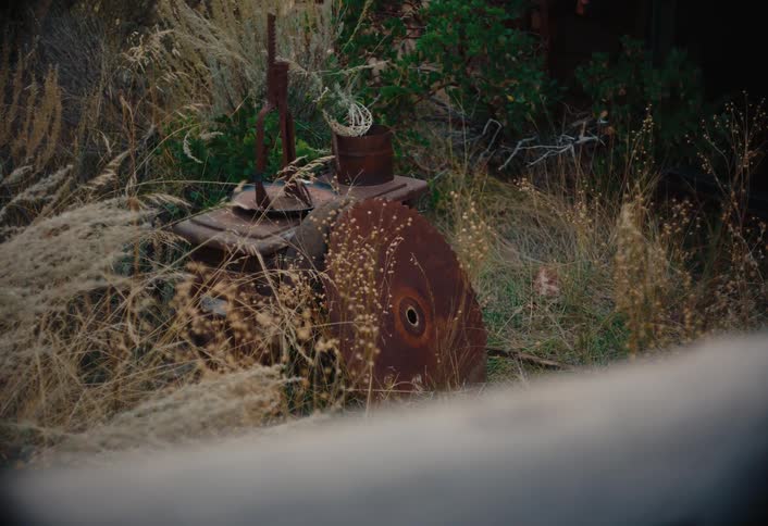 The machine is rusted in the grass