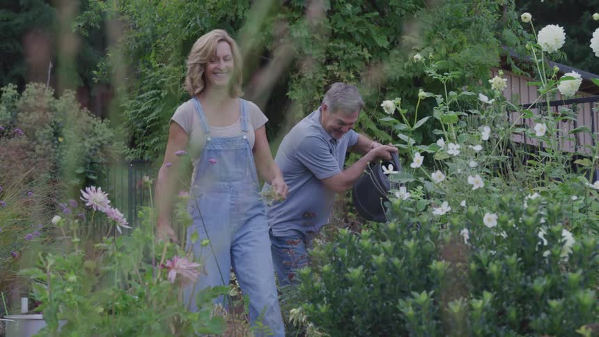 A man and woman are gardening in their yard