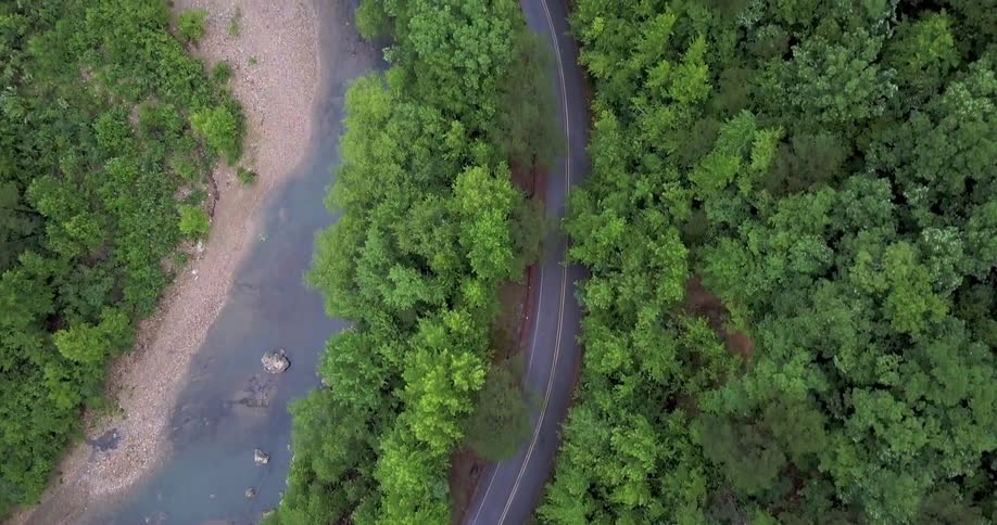 A river runs through a forested area near a road
