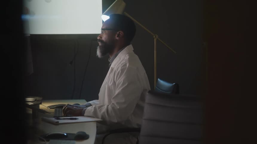 A bearded man sits in a dimly lit office next to a lamp working on a computer at a desk