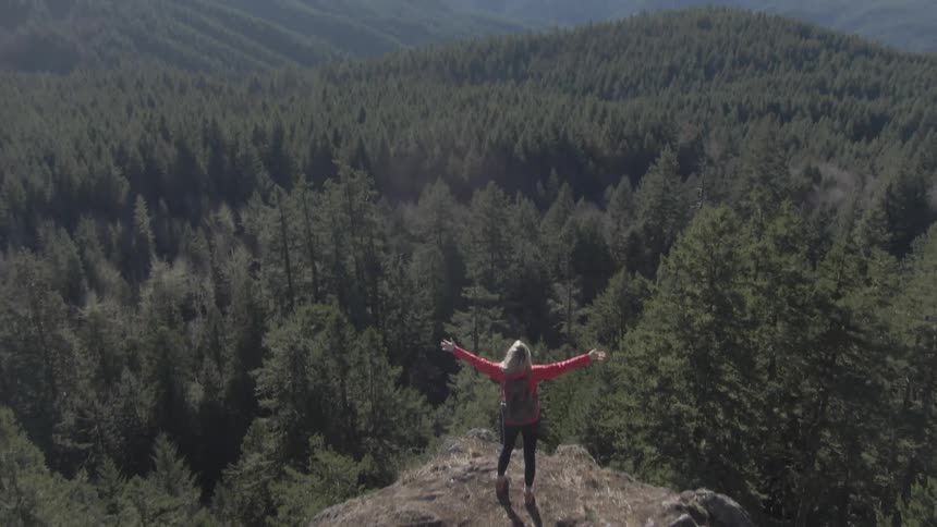 Woman standing on edge of rock with arms wide open overlooking forest of trees below