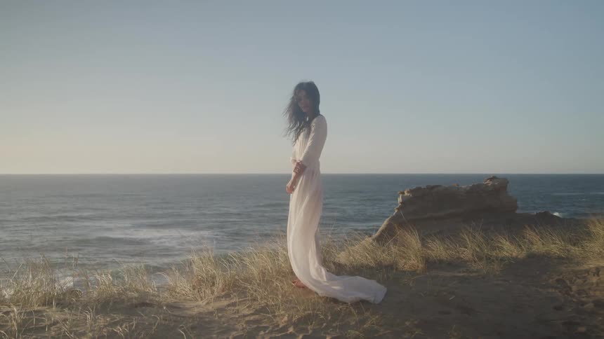 A woman in a diaphanous dress which is blowing in a coastal wind