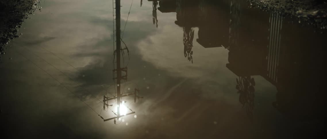 A gate reflects on the puddle