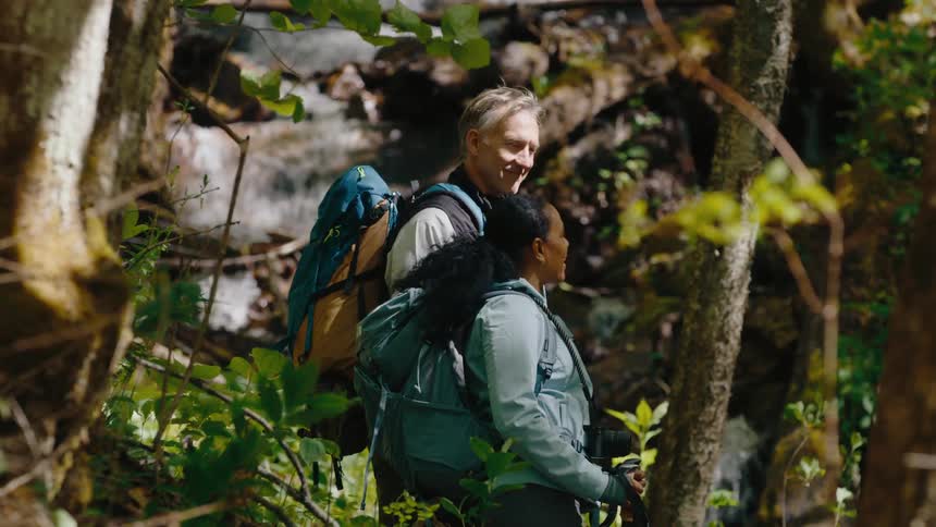 A footage of hikers in the forest