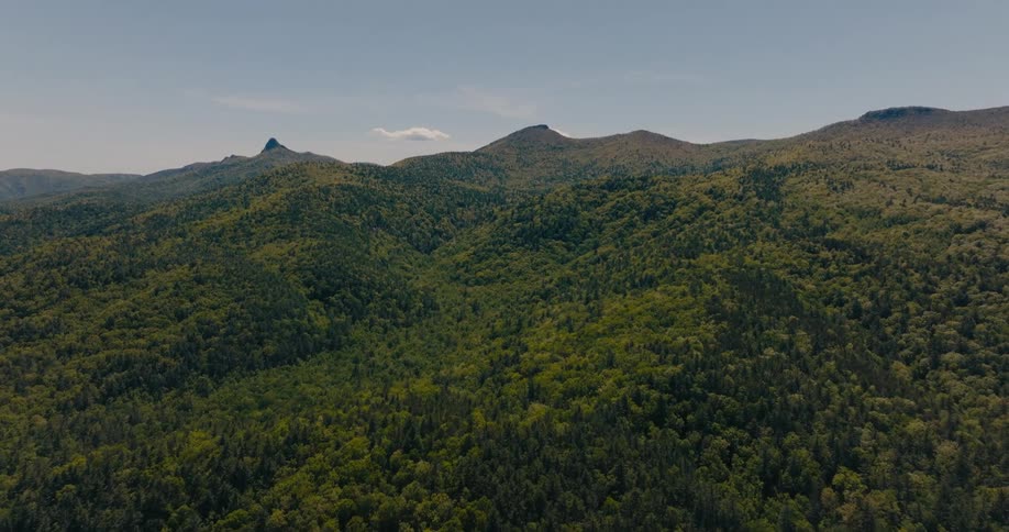 An aerial view of a vast mountain range covered in dense green forest under a clear blue sky with a single white cloud