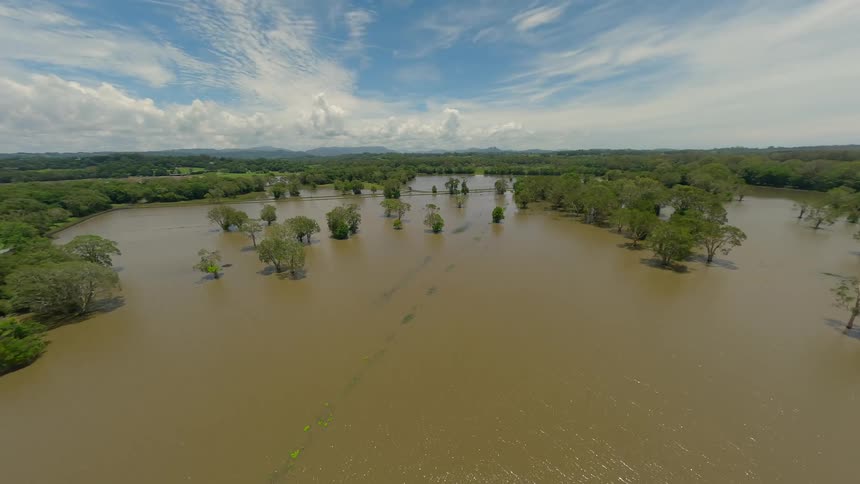 An aerial view shows a flooded landscape where trees stand partially submerged in murky water under a partly cloudy sky