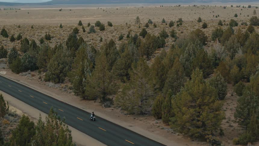 A motorcyclist riding along a paved road that cuts through a dry scrubby landscape with scattered trees