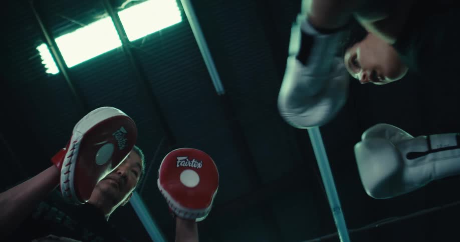 Two people are boxing together while they train