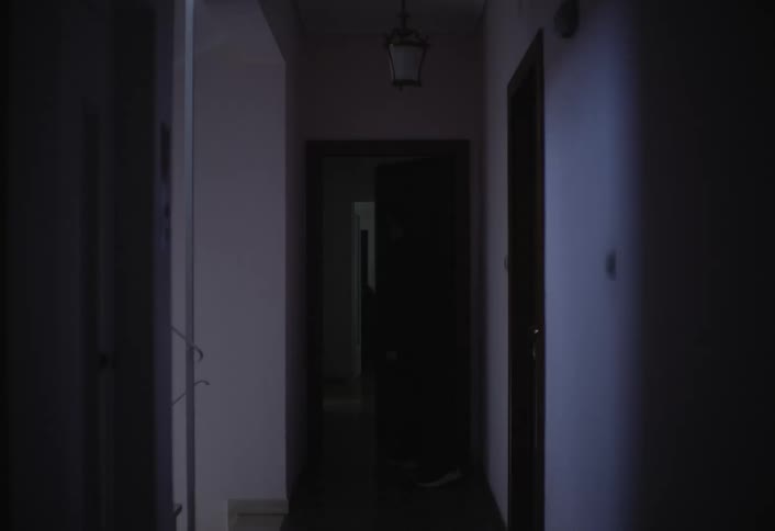 A man leaves his apartment calls the elevator closes the apartment door and enters the elevator early in the morning