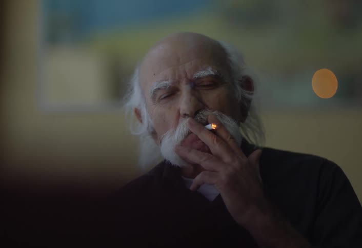 Elderly man with gray hair on his sides but bald ontop his eyebrows are gray and bushy and he has a gray handlebar mustache he is sitting and speaking to someone as he takes a drag on his cigarette