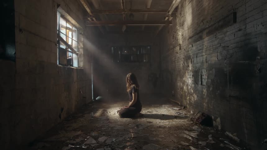 A girl kneels in a run down room in front of a window