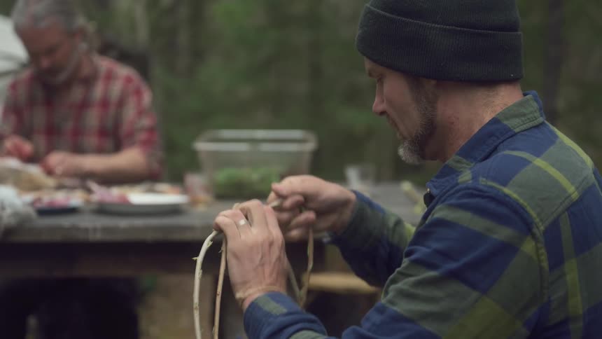 Two men are working at the campsite