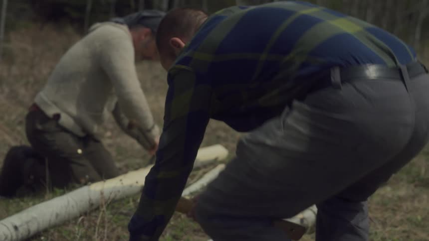 Two men in a field with an axe chopping down a tree trunk