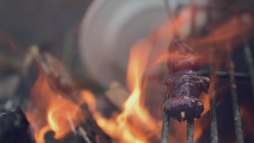 Grilling meat on skewer on a grill in a campfire outdoors