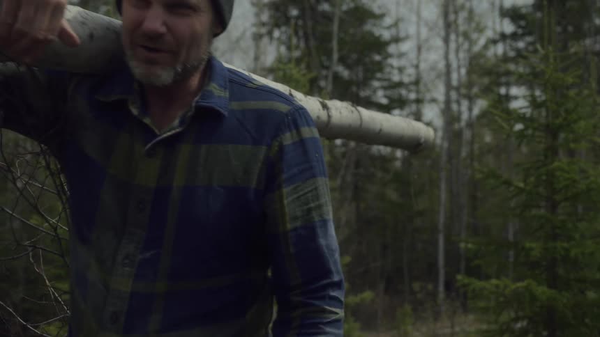 Man carrying a log through a wooded forest