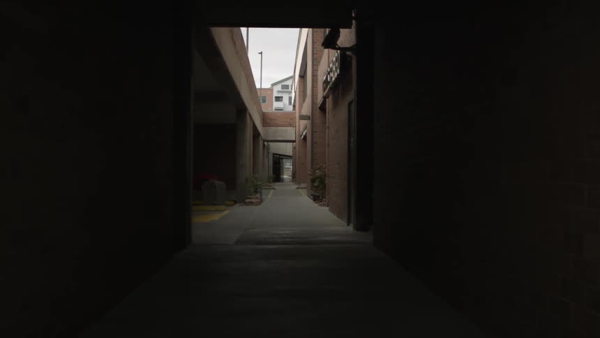 An alleyway between two buildings and it is abandoned