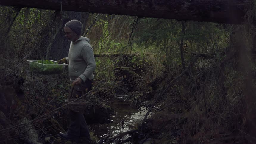 A man carrying containers walks across a creek in the forest