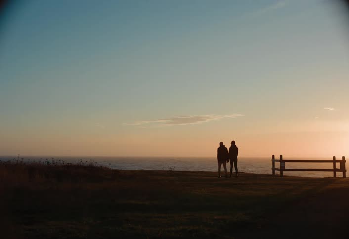 Silhouette of a couple holding hands while strolling alongside the coast at dusk