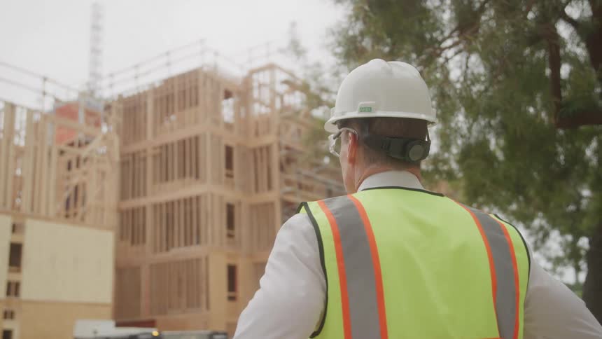 Seen from behind a person wearing a hard hat and safety vest observes the wooden frame of a multistory building under construction