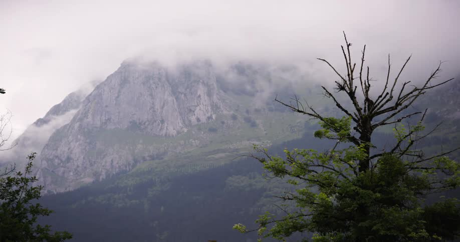 Mist and fog is covering the tops of the mountain range