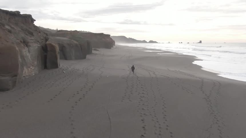 An aerial view of a person running alongside a beach near cliffs