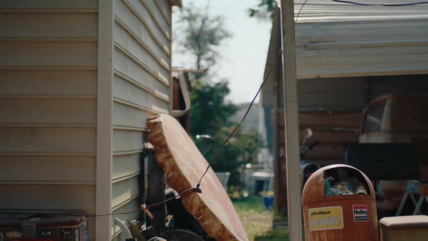 A garbage can is full in the yard